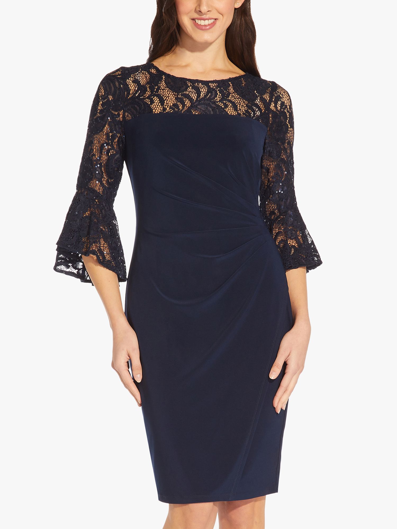 Adrianna Papell Lace Jersey Knee Length Sheath Dress, Midnight Blue at ...