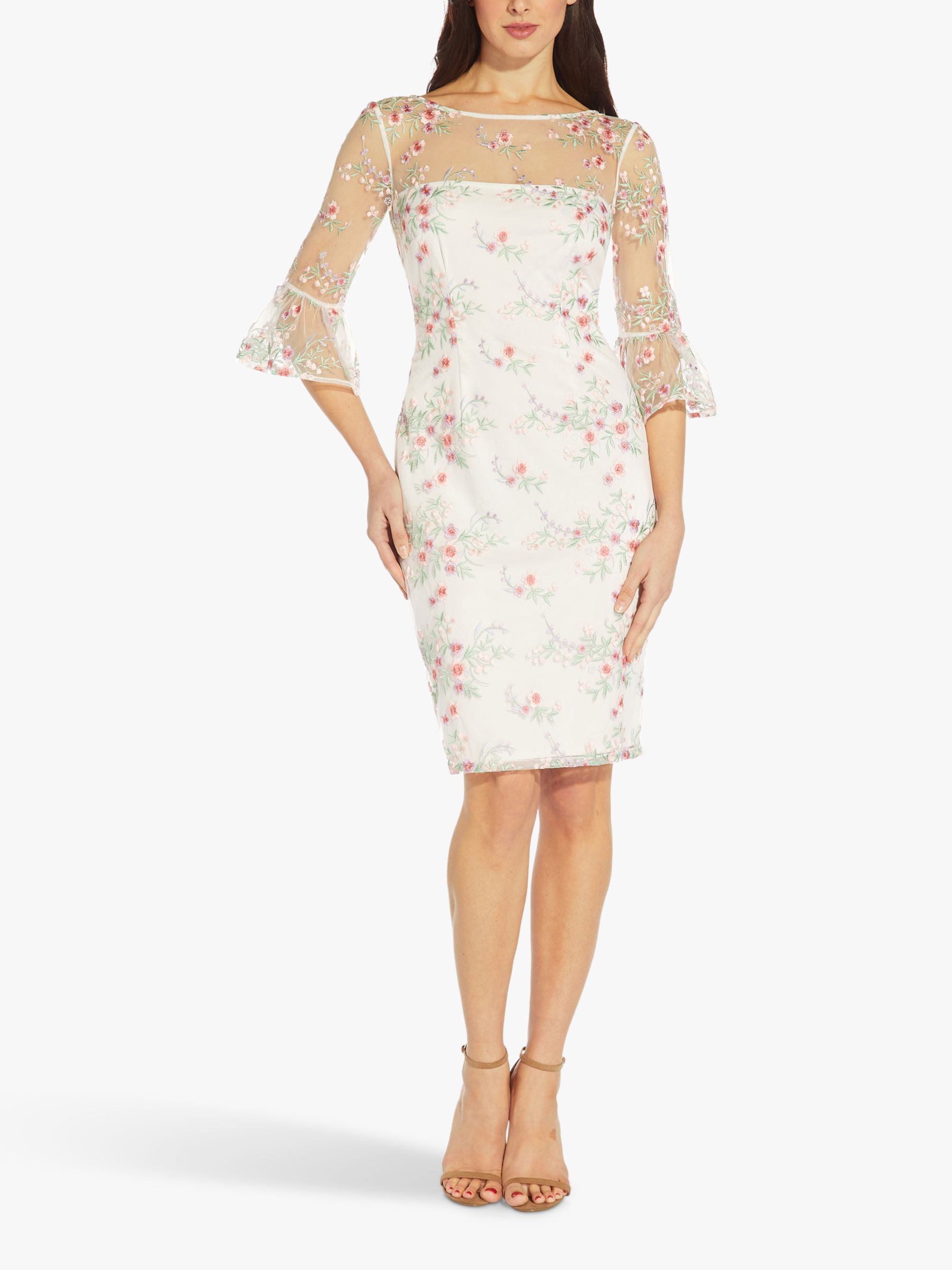 Adrianna Papell Floral Embroidered Bell Sleeve Dress Pink Multi 8