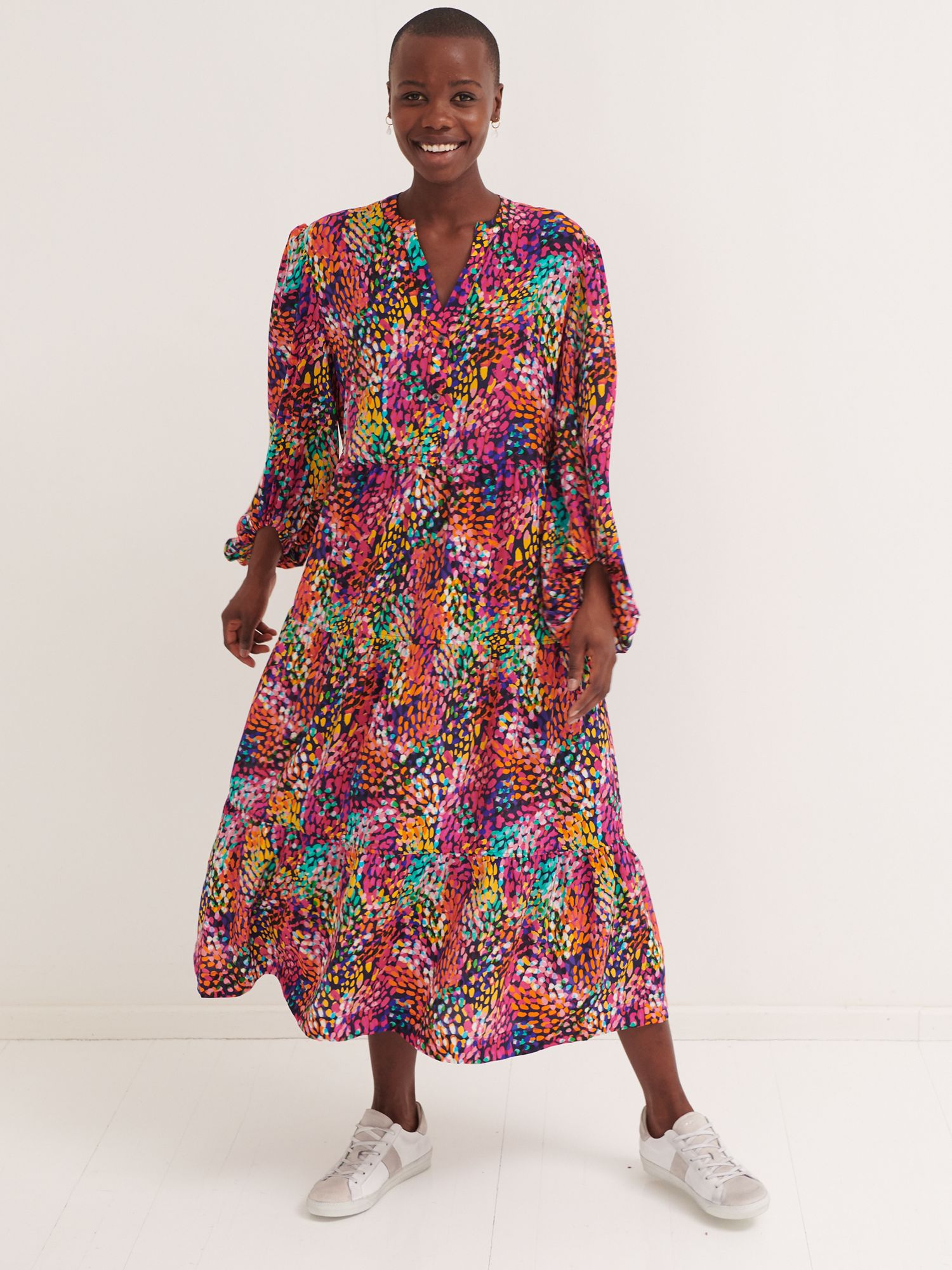 NRBY Ana Floral Silk Tiered Midi Dress, Multi at John Lewis & Partners