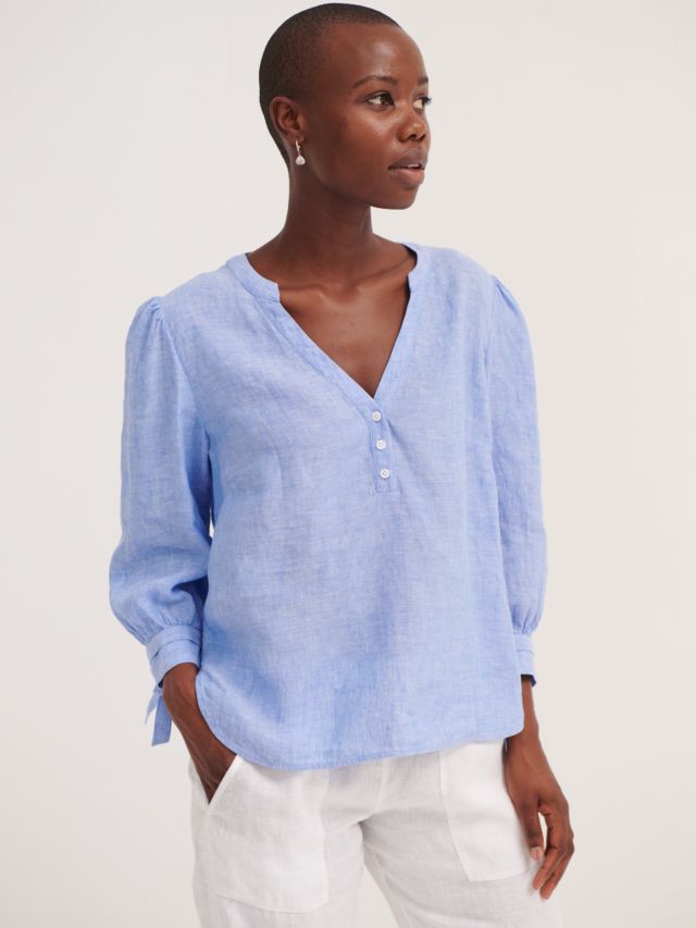 NRBY Heidi Linen Open Neck Shirt, Blue Chambray, XS