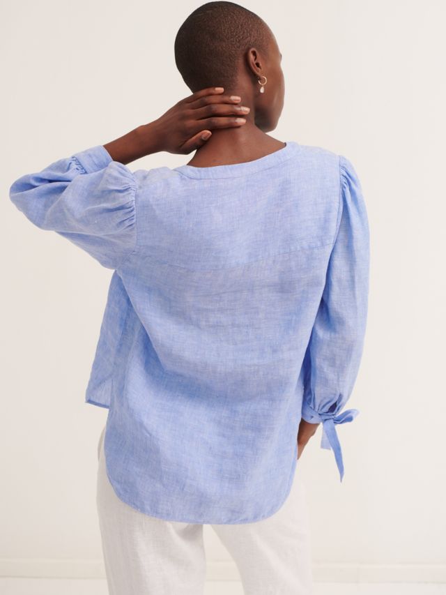 NRBY Heidi Linen Open Neck Shirt, Blue Chambray, XS