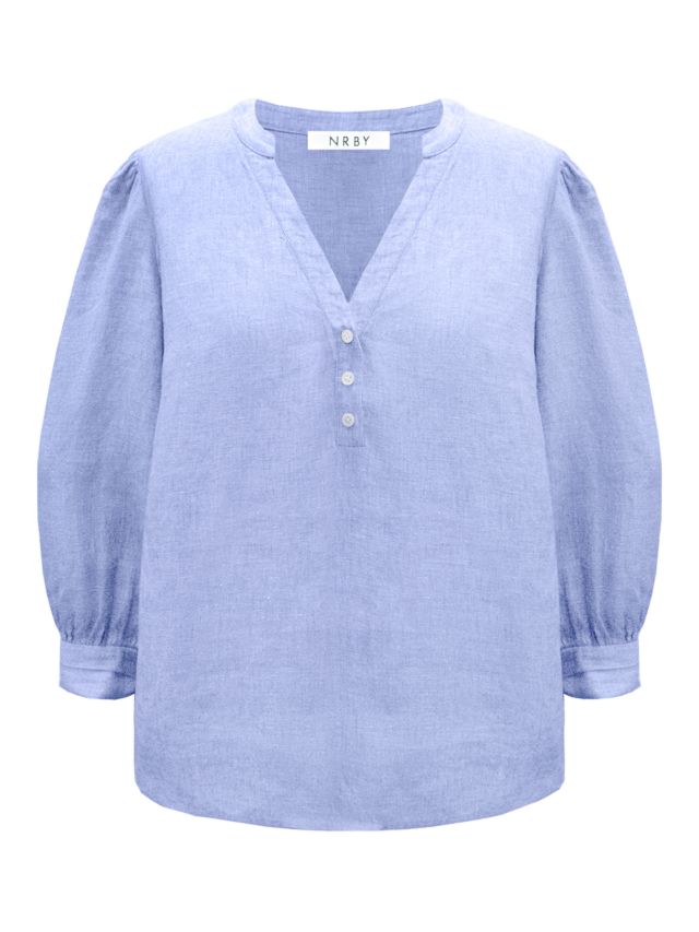 NRBY Heidi Linen Open Neck Shirt, Blue Chambray, XS