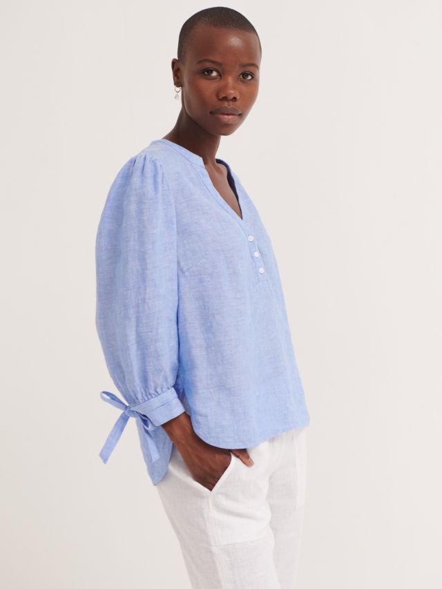 NRBY Heidi Linen Open Neck Shirt, Blue Chambray, XS