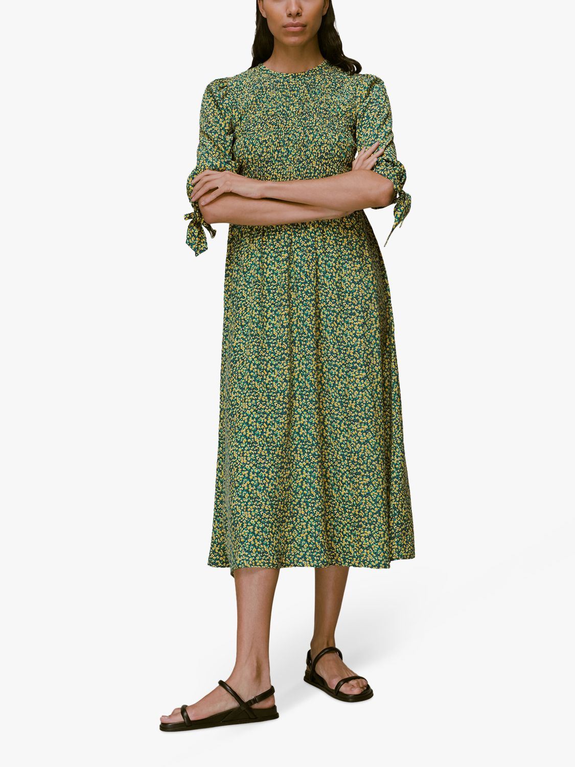 Whistles Ditsy Sunflower Print Midi Dress, Green/Multi at John