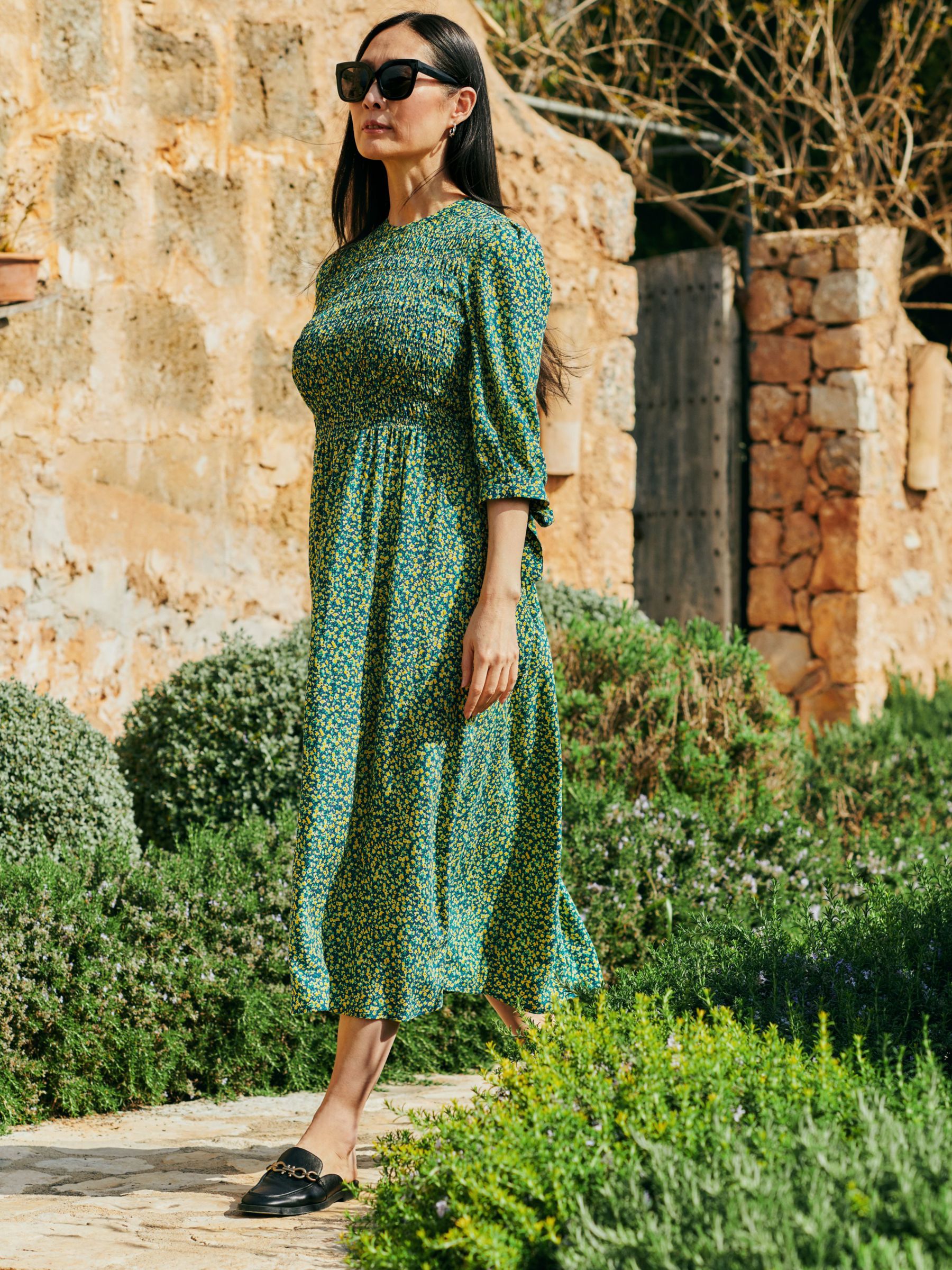 Whistles Ditsy Sunflower Print Midi Dress, Green/Multi