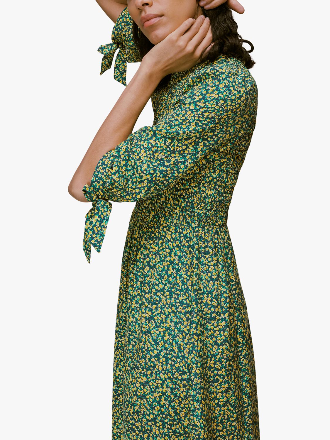 Whistles Ditsy Sunflower Print Midi Dress, Green/Multi at John