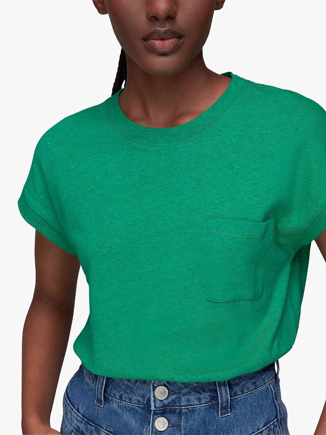 Whistles Ember Linen Blend Pocket T-Shirt, Green at John Lewis & Partners