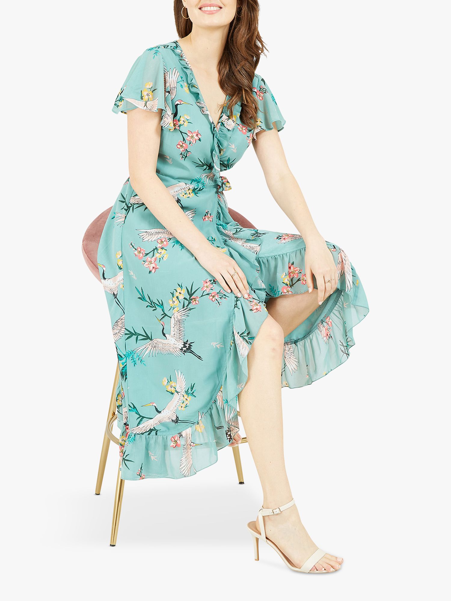 Yumi Crane Print Frill Detail Wrap Dress