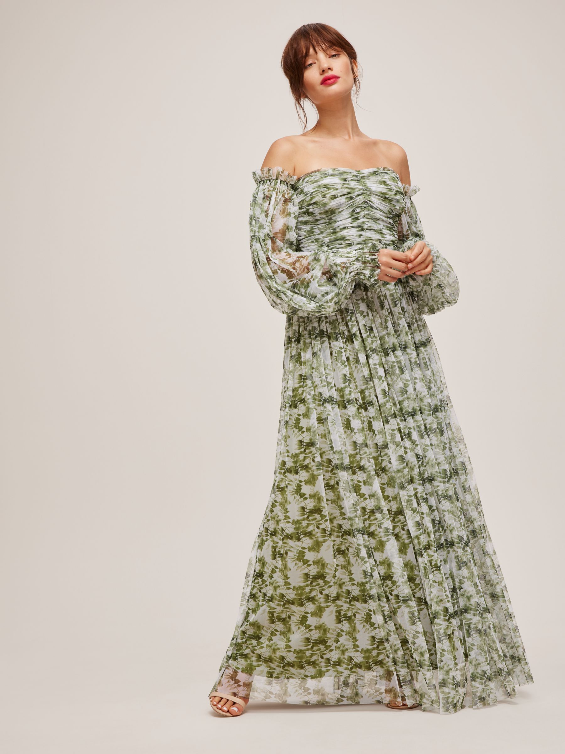Lace & Beads Lana Floral Print Off Shoulder Maxi Dress, Green, 8
