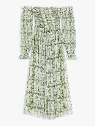 Lace & Beads Lana Floral Print Off Shoulder Maxi Dress, Green