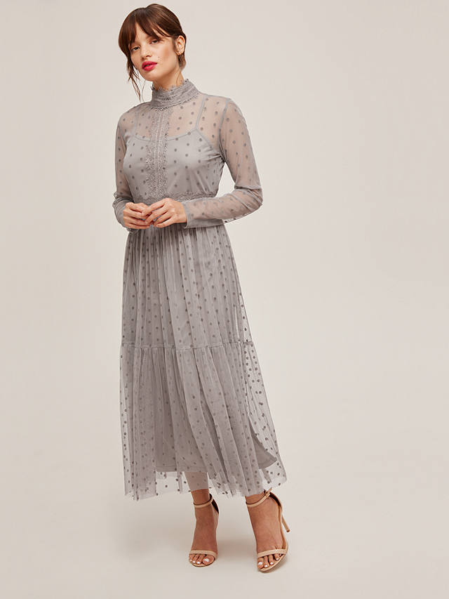 Lace & Beads Roman Lola Spot Mesh Midi Dress, Grey