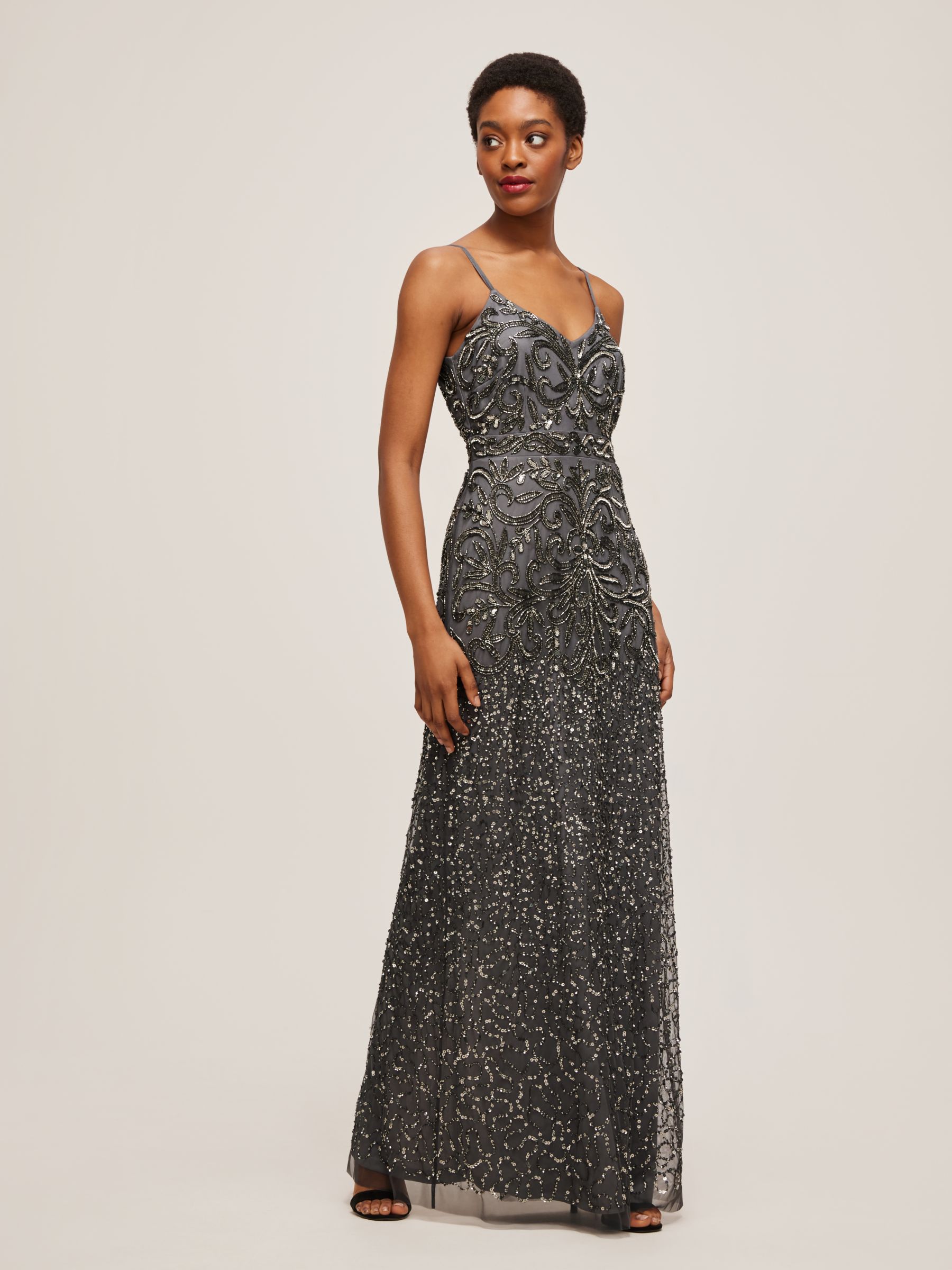 Lace & Beads Fiona Sequin Embellished Maxi Dress, Charcoal, 8