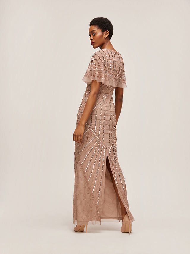 Lace & Beads Marshall Sequin Embellished Cape Sleeve Maxi Dress, Rose Gold