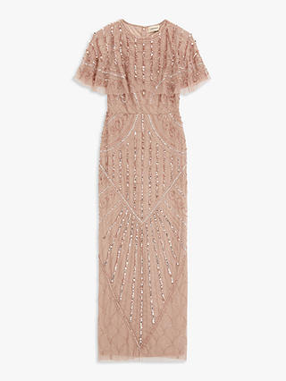 Lace & Beads Marshall Sequin Embellished Cape Sleeve Maxi Dress, Rose Gold