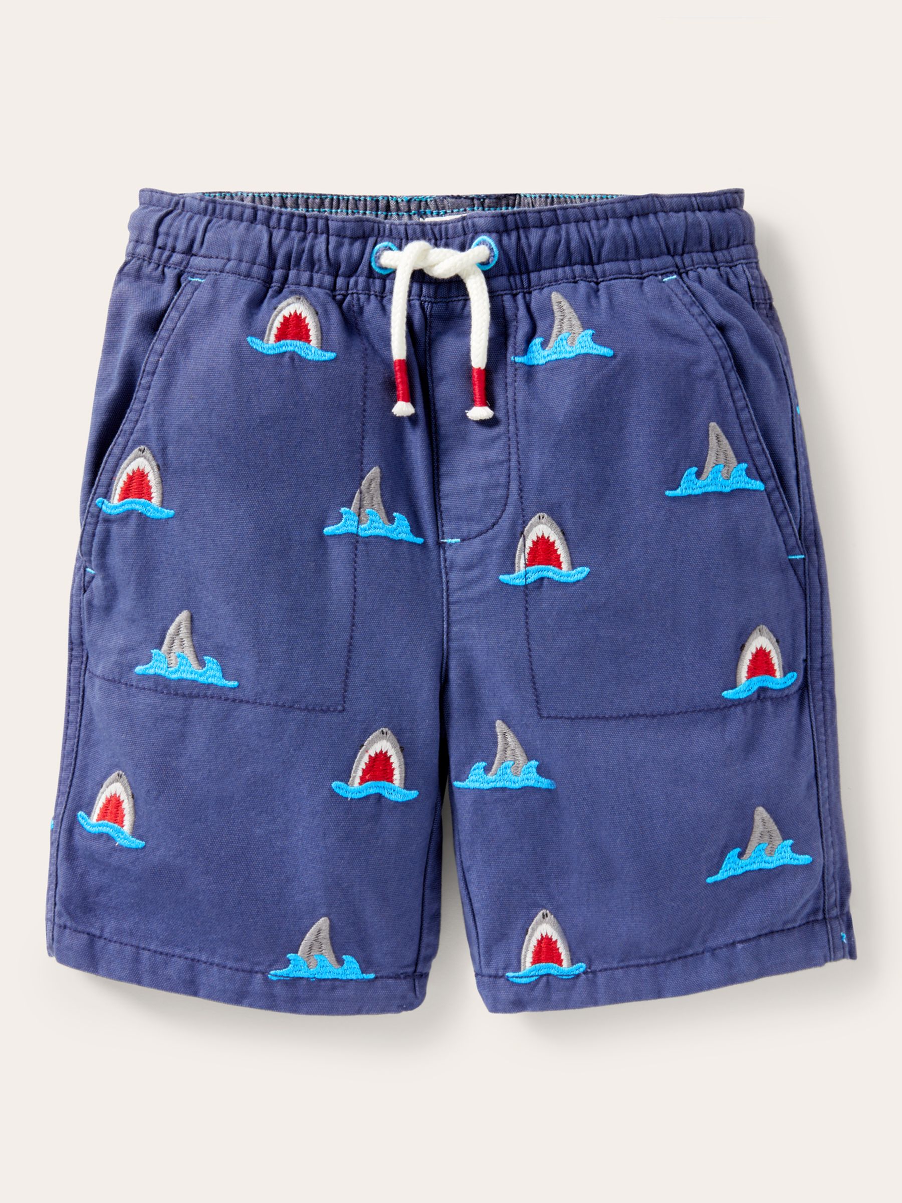 Mini Boden Kids' Shark Embroidered Pull-On Drawstring Shorts, Navy