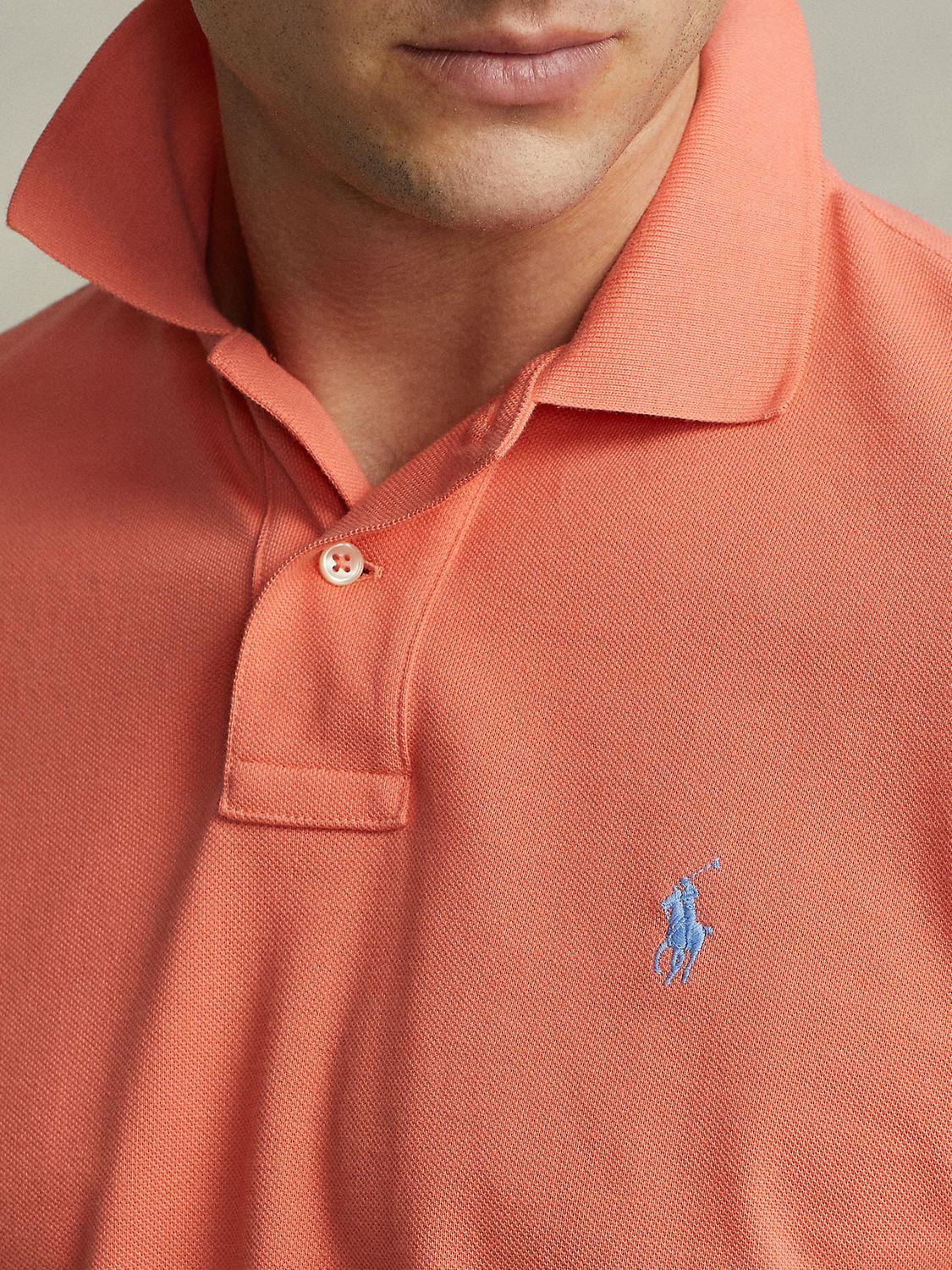 Polo Ralph Lauren Custom Slim Mesh Polo Shirt, Deep Mango at John Lewis &  Partners