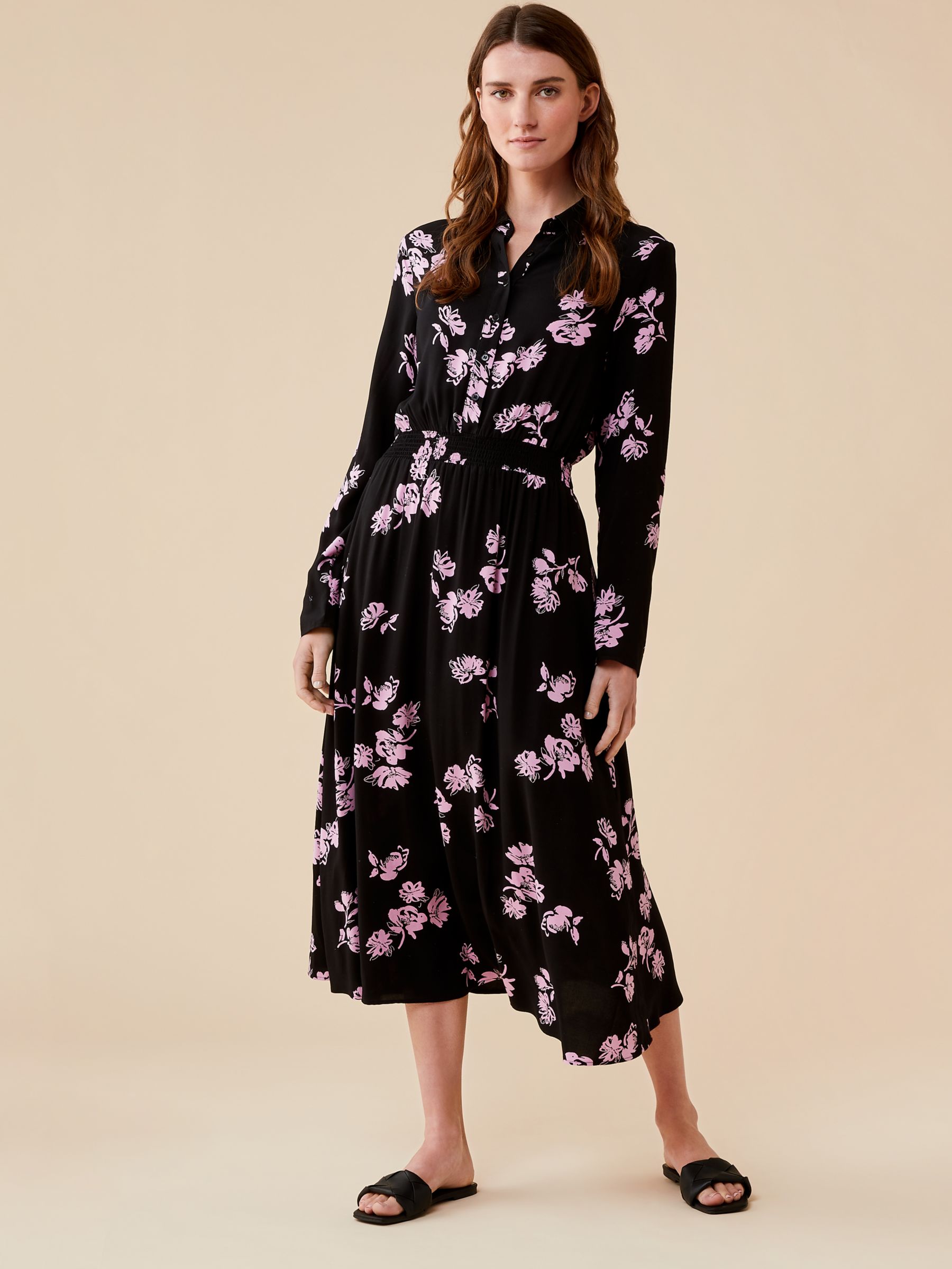 Finery Cassie Floral Print Midi Shirt Dress, Black/Multi at John Lewis ...