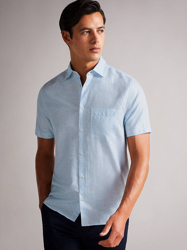 Ted Baker Addle Short Sleeve Linen Blend Shirt, Light Blue