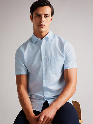 Ted Baker Addle Short Sleeve Linen Blend Shirt, Light Blue