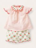 Mini Boden Baby Cherry Stripe Woven Top & Shorts Set, Ivory/Pink