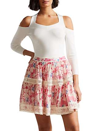 Ted Baker Lace Trim Floral Mini Skirt, Mid Pink