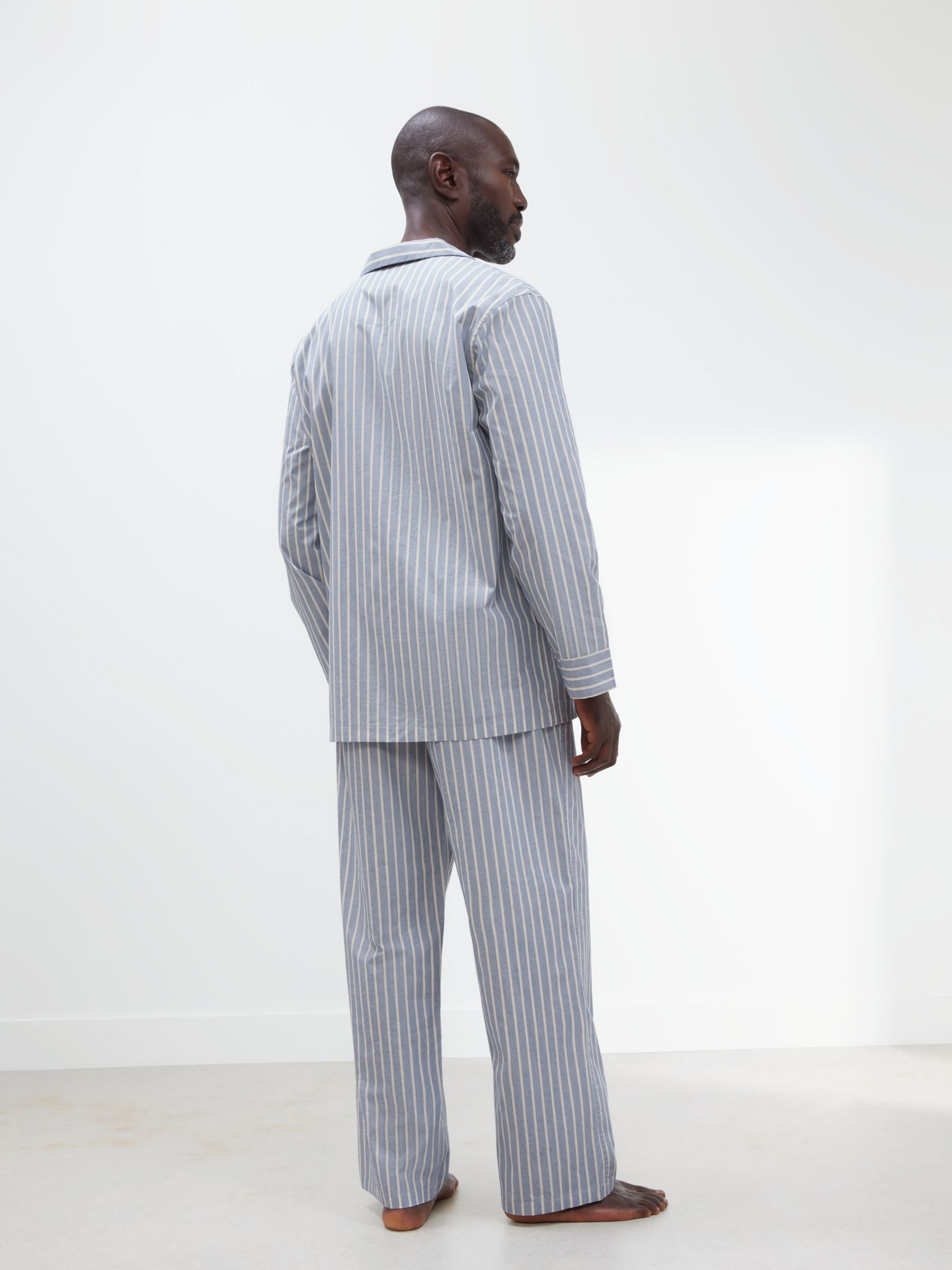 John Lewis Organic Cotton Poplin Stripe Long Sleeve Pyjama Set, Blue/Multi, S