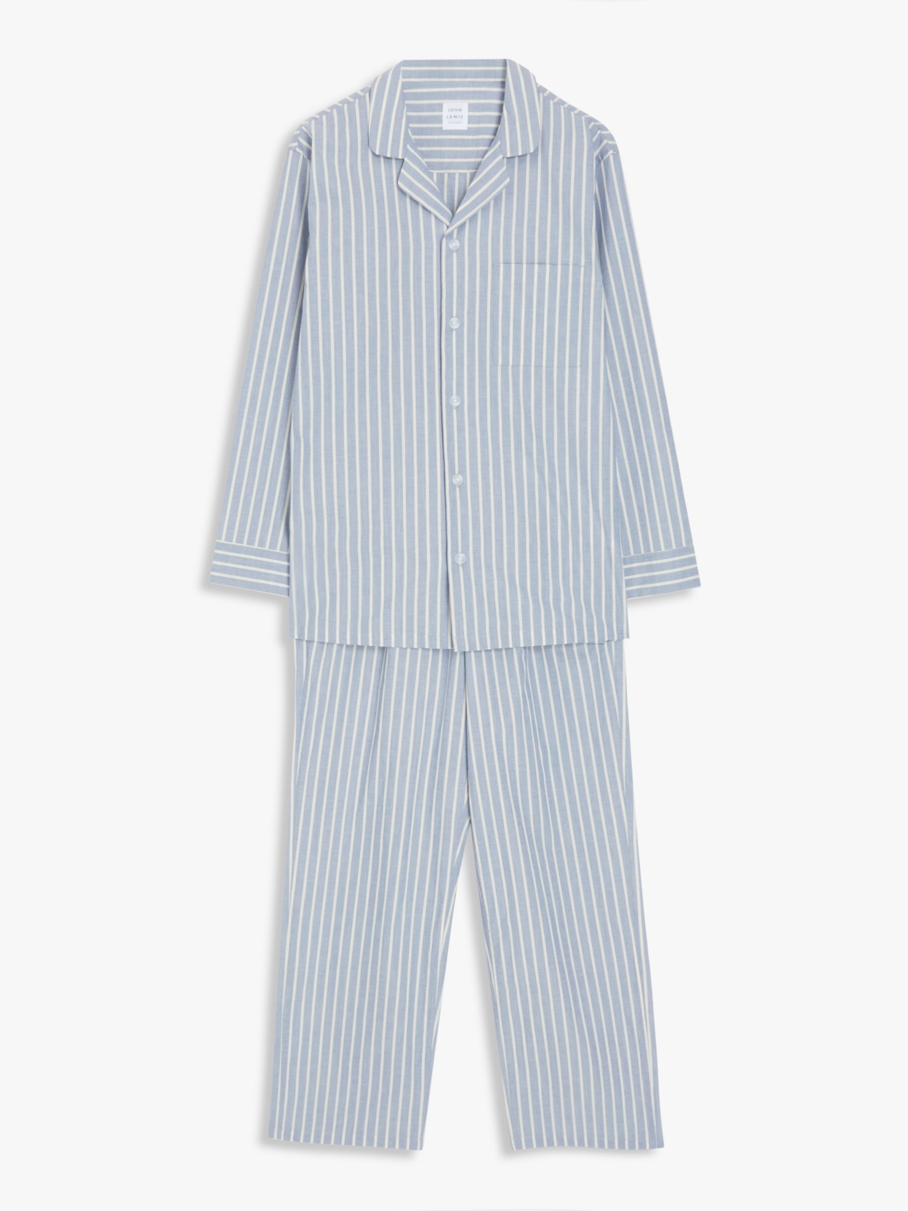 John Lewis Organic Cotton Poplin Stripe Long Sleeve Pyjama Set, Blue/Multi, S