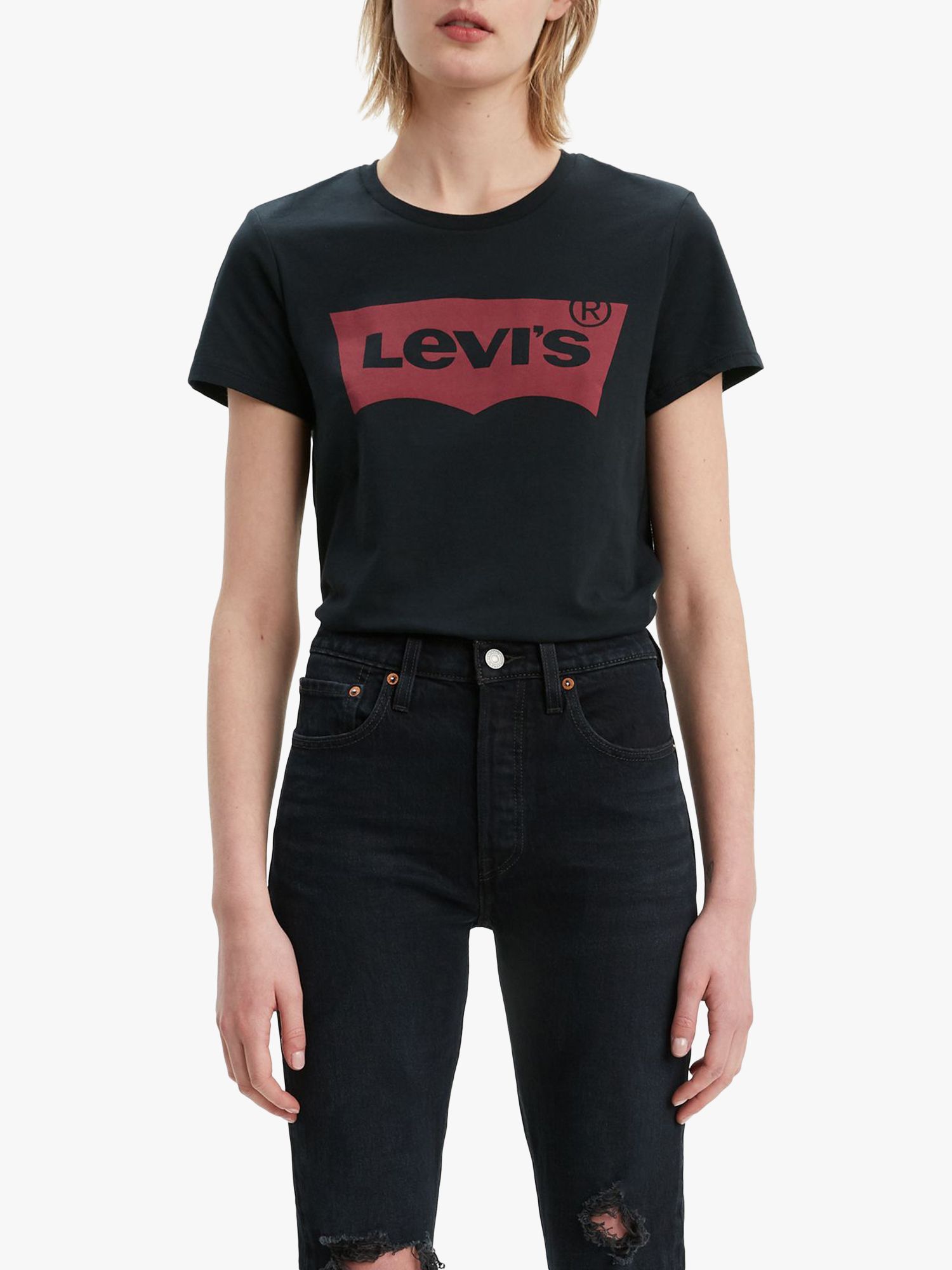 Levi's The Perfect Batwing Logo T-Shirt, Black/Red at John Lewis & Partners