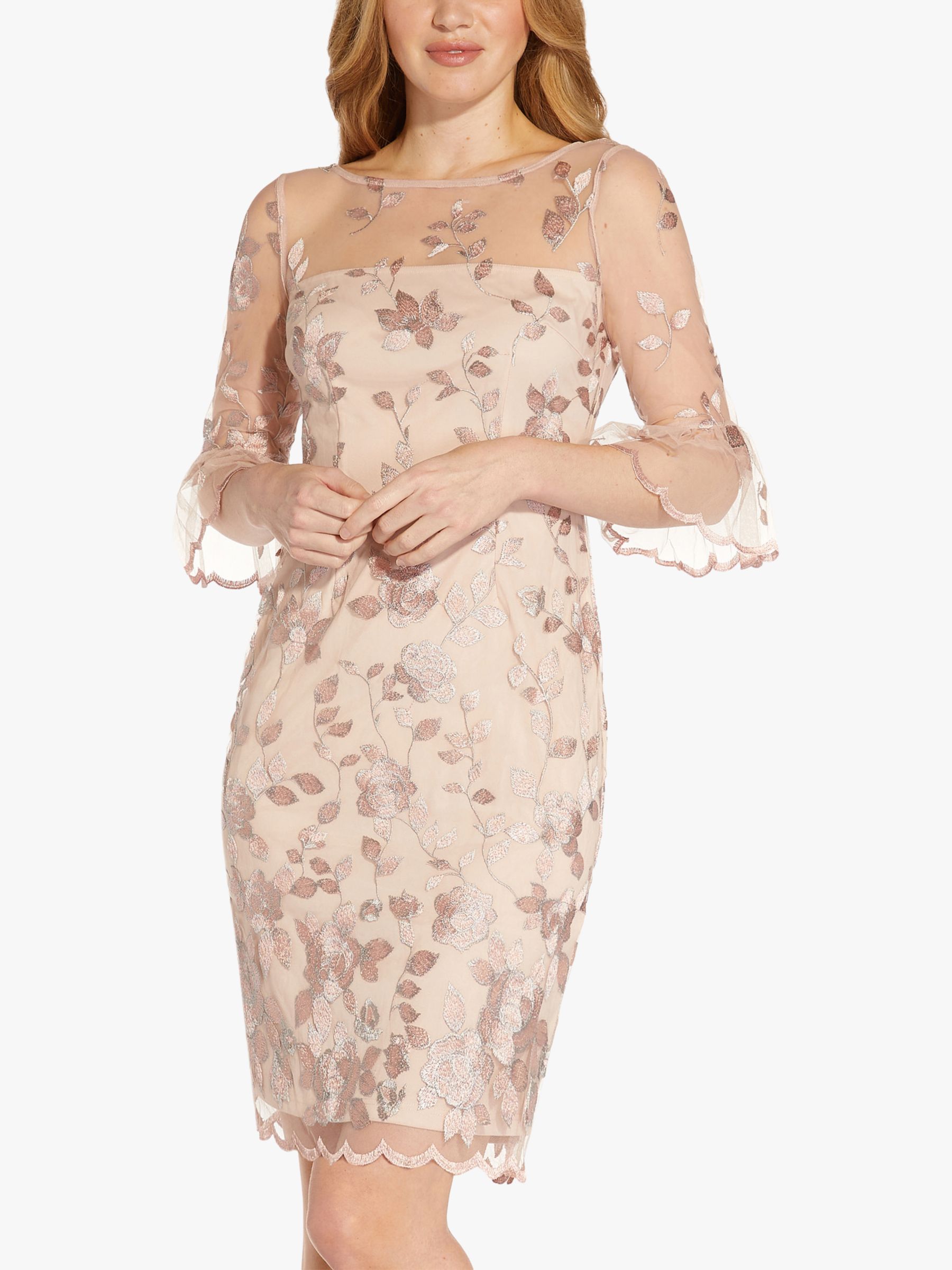 Adrianna Papell Embroidered Bell Sleeve Dress, Champagne