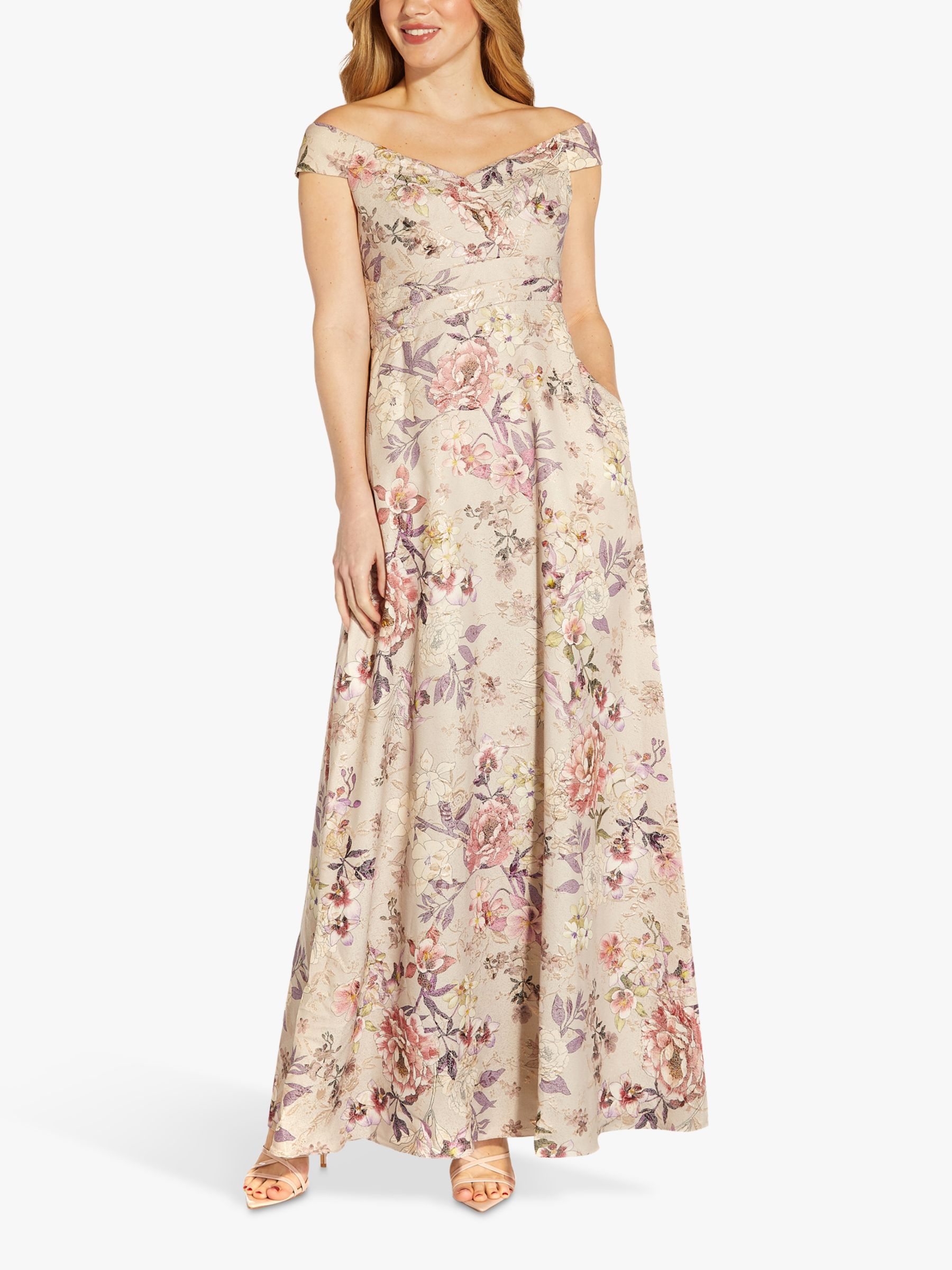 Adrianna Papell Off Shoulder Floral Jacquard Maxi Dress Grey Multi 7075