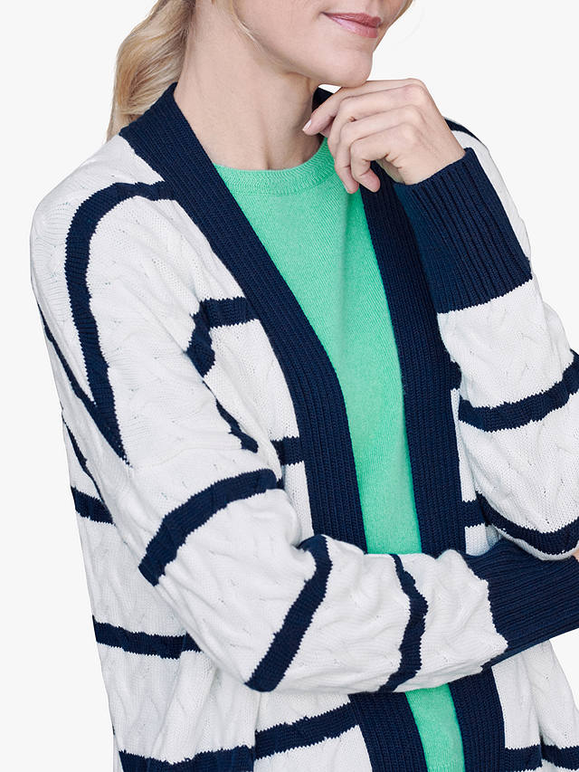 Pure Collection Stripe Wool Blend Cable Knit Cardigan, White/Navy