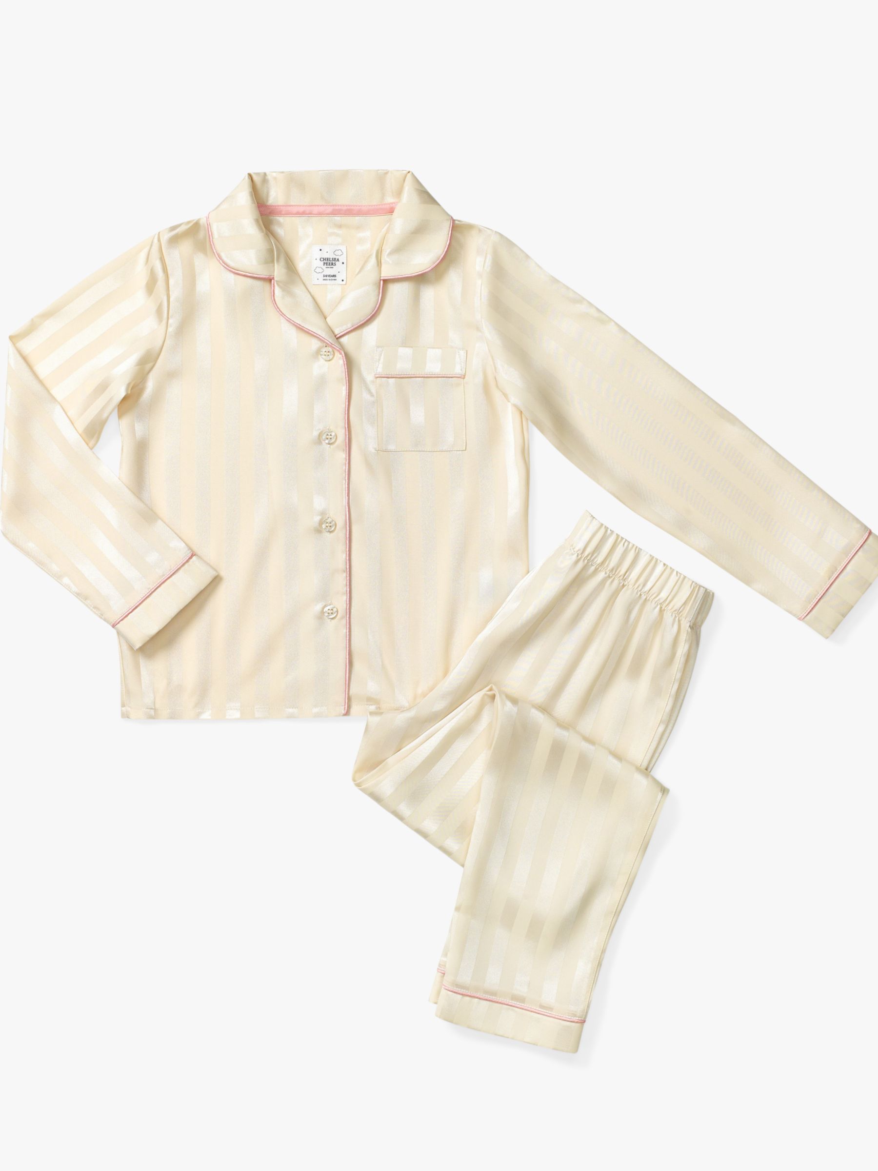 Chelsea Peers Kids' Stripe Satin Pyjama Set, Beige at John Lewis & Partners