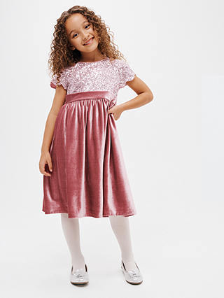 John Lewis Heirloom Collection Kids' Sequin Velour Party Dress, Pink