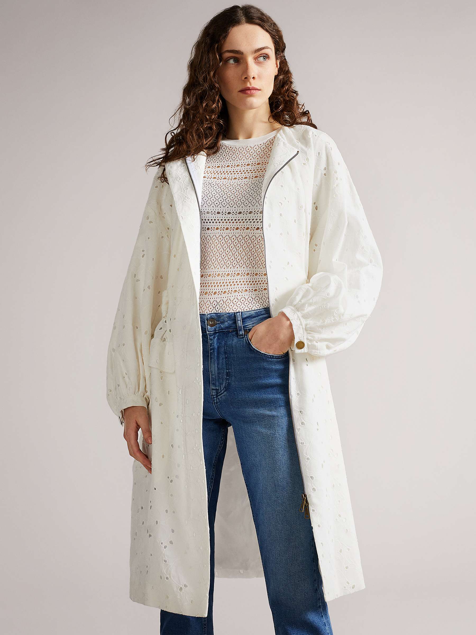 Buy Ted Baker Xandie Embroidered Collarless Trench Coat, White Online at johnlewis.com