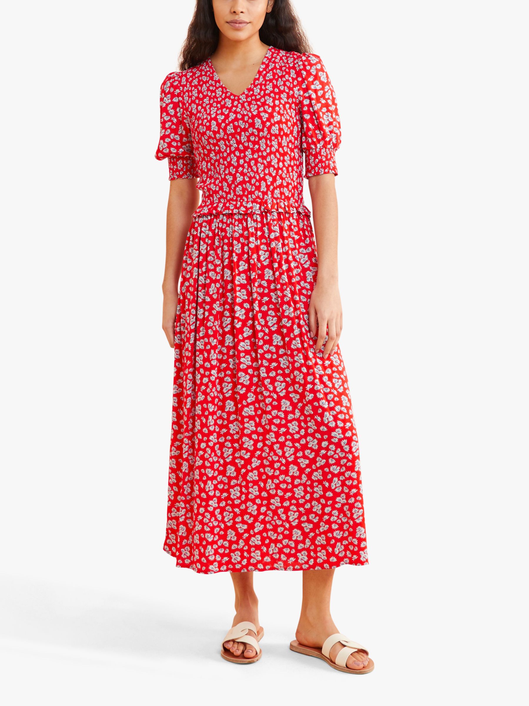 Albaray Daisy Print Shirred Bodice Midi Dress, Red/Multi at John Lewis ...