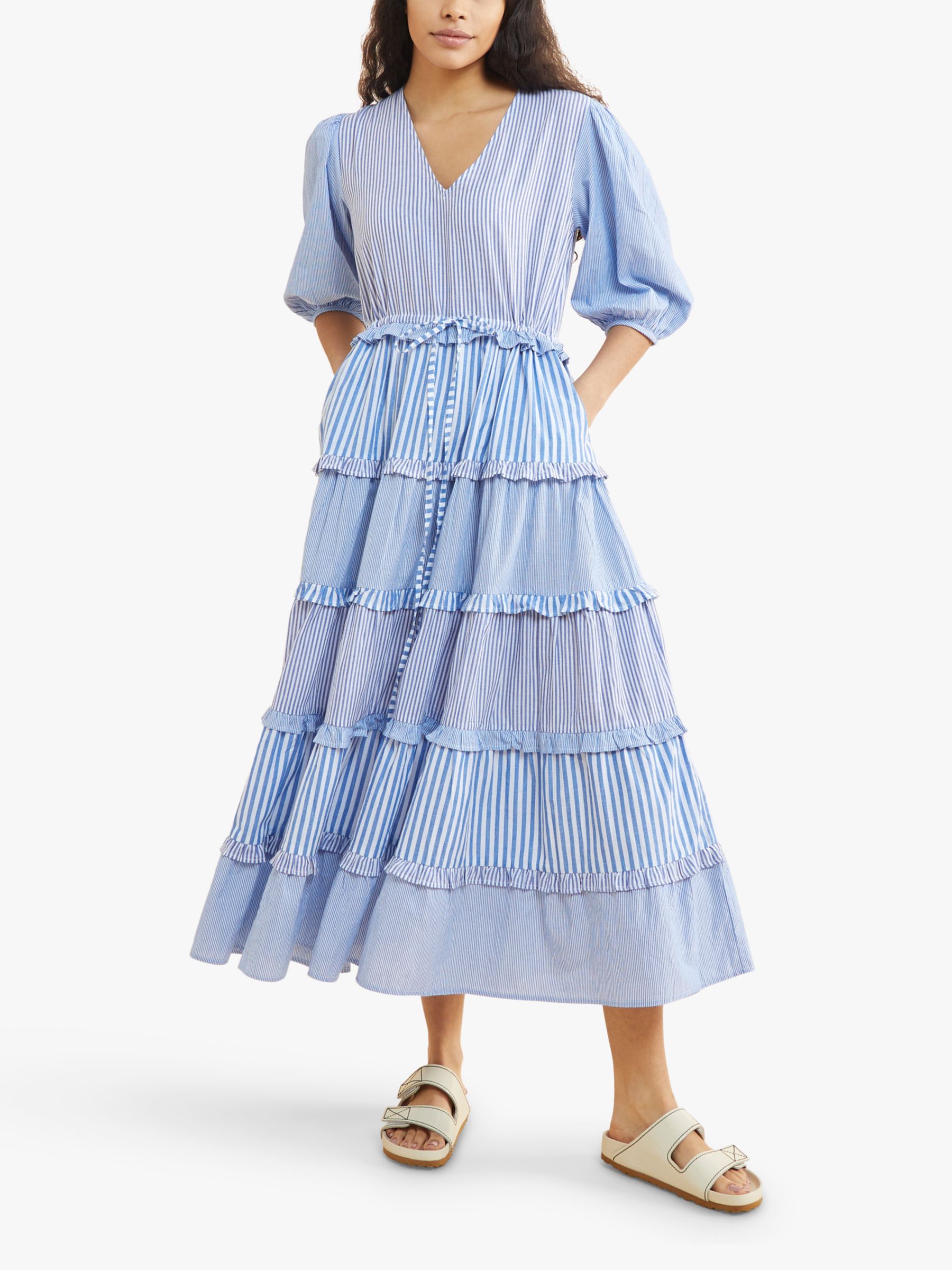 Albaray Mixed Stripe Tiered Midi Dress, Blue at John Lewis & Partners