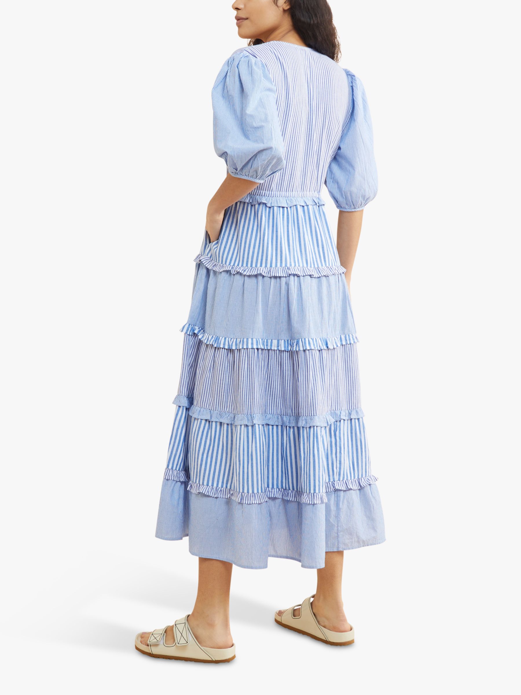 Albaray Mixed Stripe Tiered Midi Dress, Blue at John Lewis & Partners