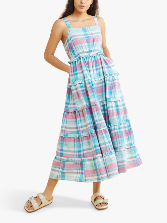 Albaray Plaid Sleeveless Tiered Midi Dress, Blue, 8