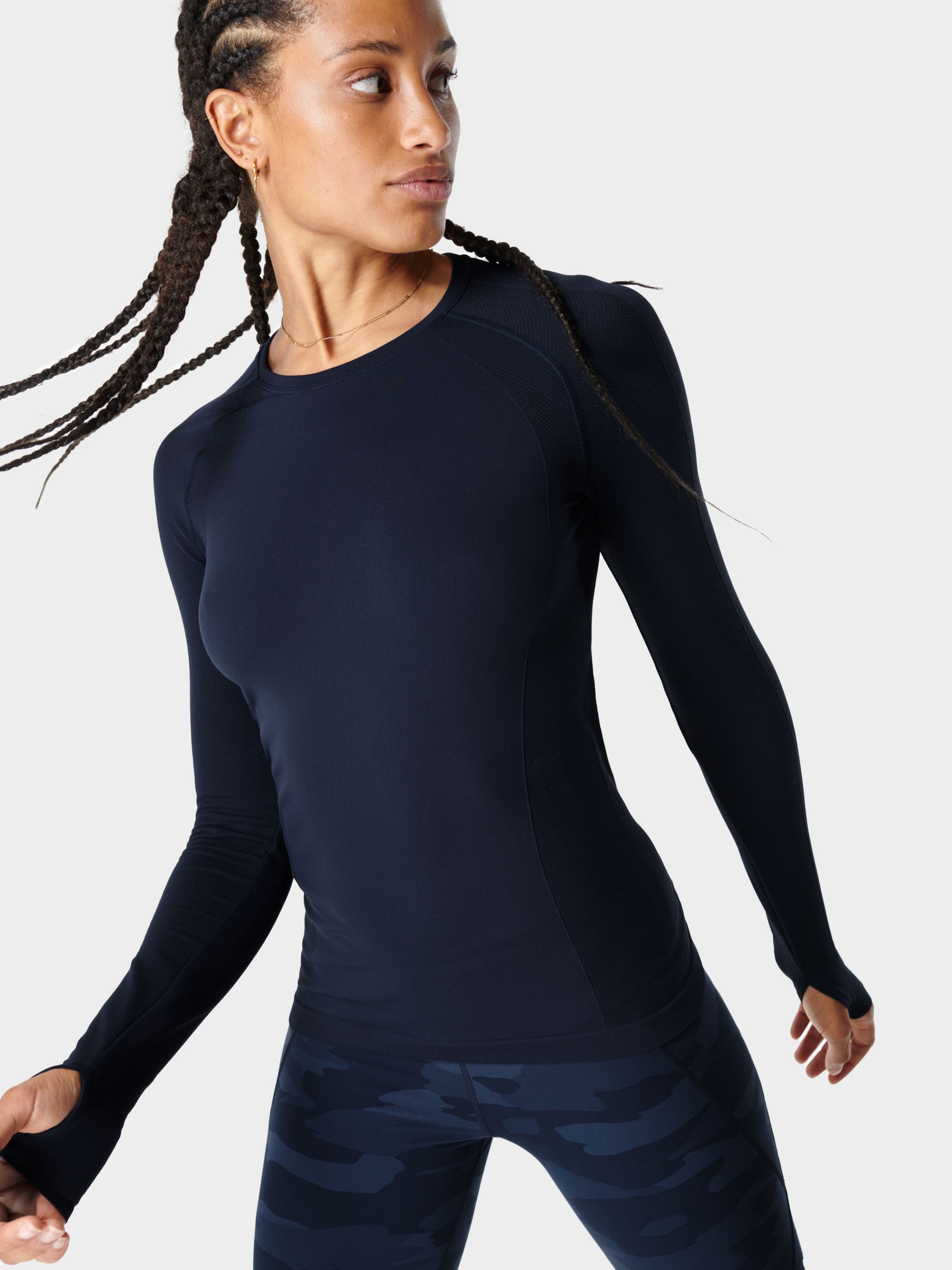 Sweaty Betty Athlete Seamless Long Sleeve Gym Top, Navy Blue, XS