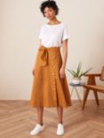 Monsoon Mock Button Linen Blend Midi Skirt, Caramel