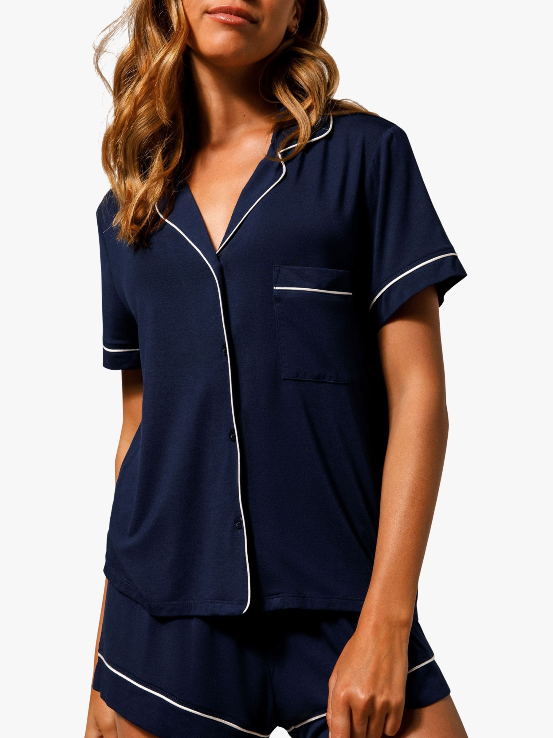 Chelsea Peers Modal Piped Shorts Pyjama Set, Navy, XXS