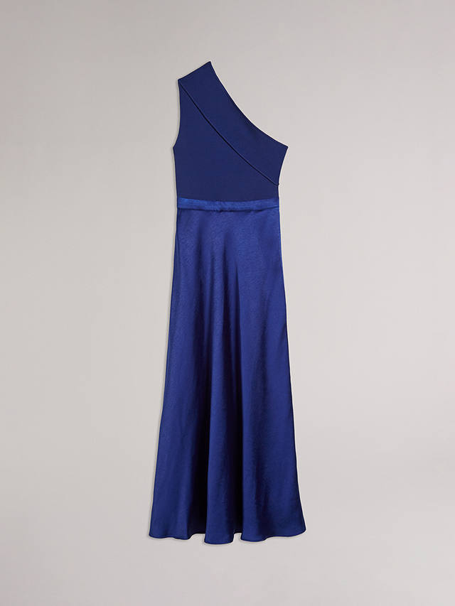 Ted Baker Ivena Asymmetric Knit Bodice Satin Skirt Midi Dress, Dark Blue