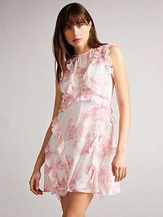 Ted Baker Kenedi Tree Print Mini Dress, Dusky Pink/White