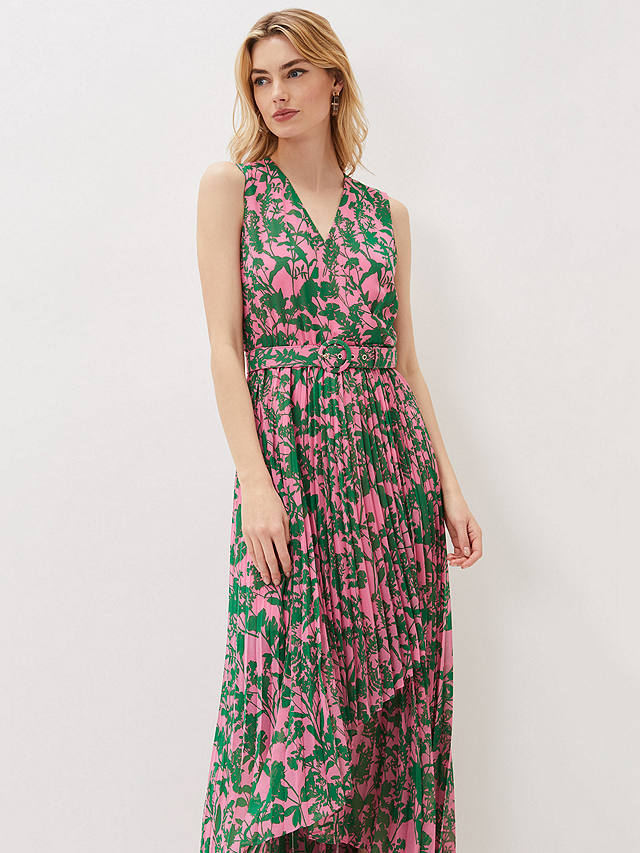 Phase Eight Brianna Pleated Maxi Dress, Pink/Green at John Lewis & Partners