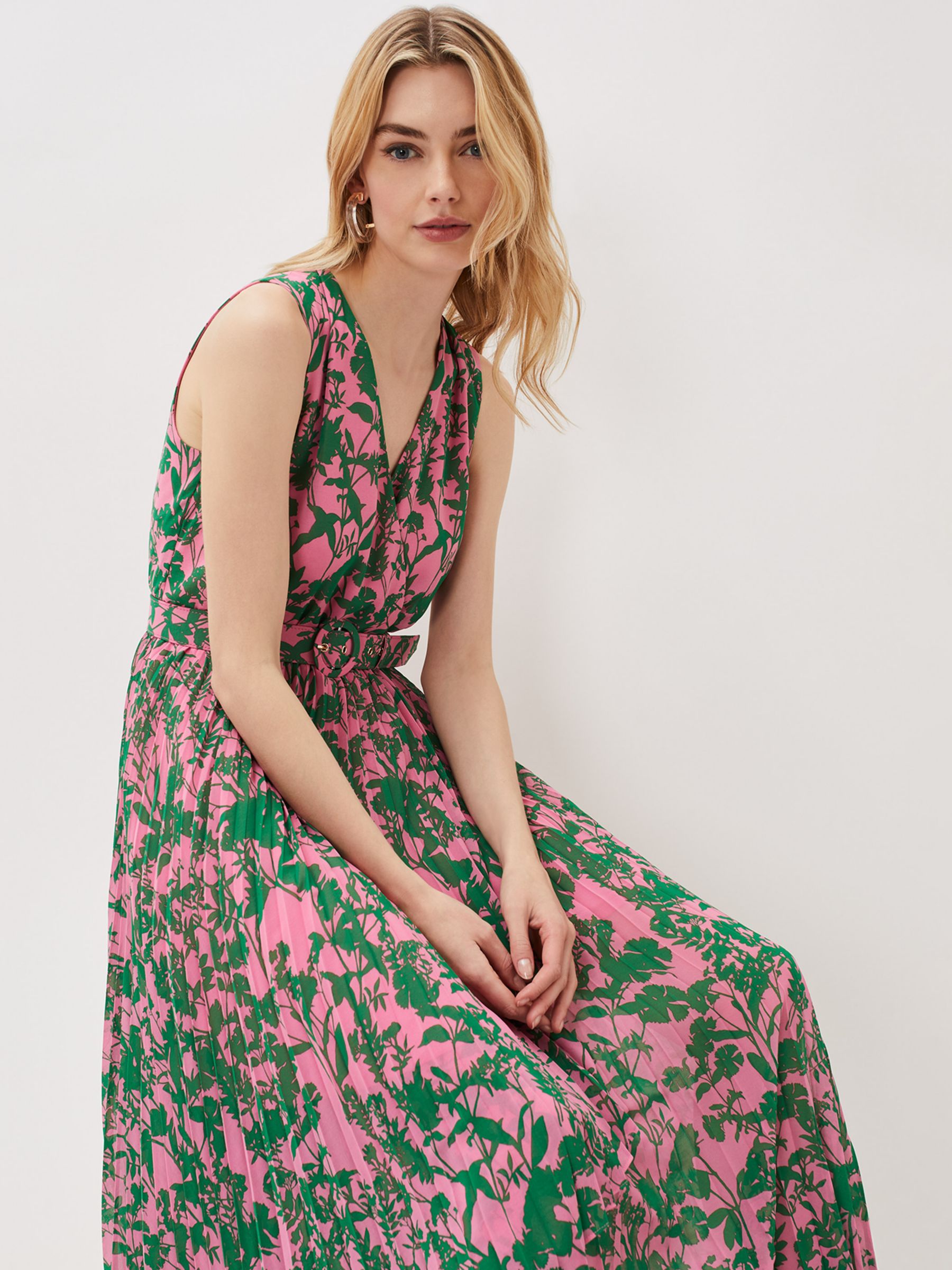 Phase Eight Brianna Pleated Maxi Dress, Pink/Green at John Lewis & Partners