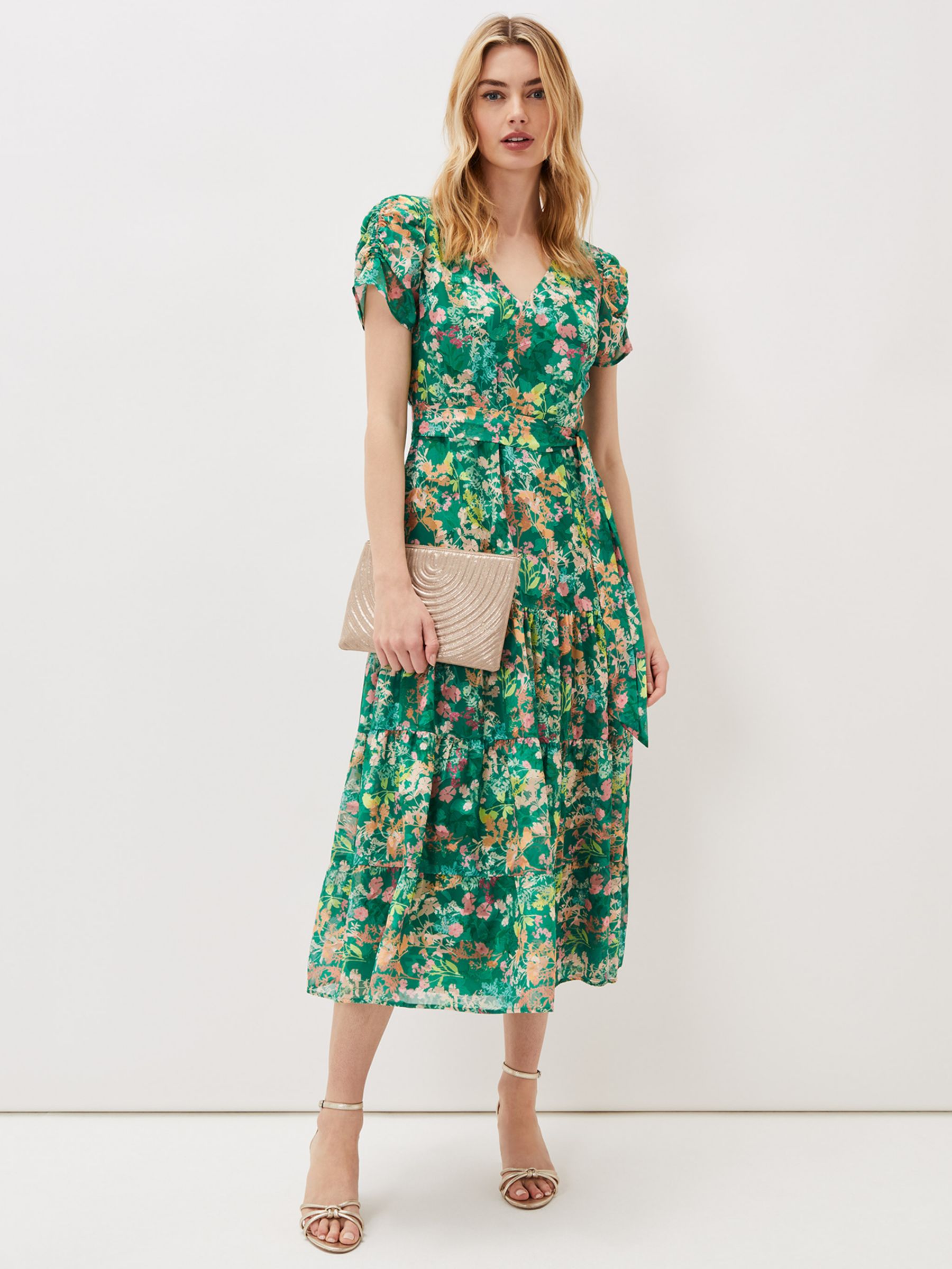 Phase Eight Morven Floral Tiered Midi Dress, Green/Multi at John Lewis ...