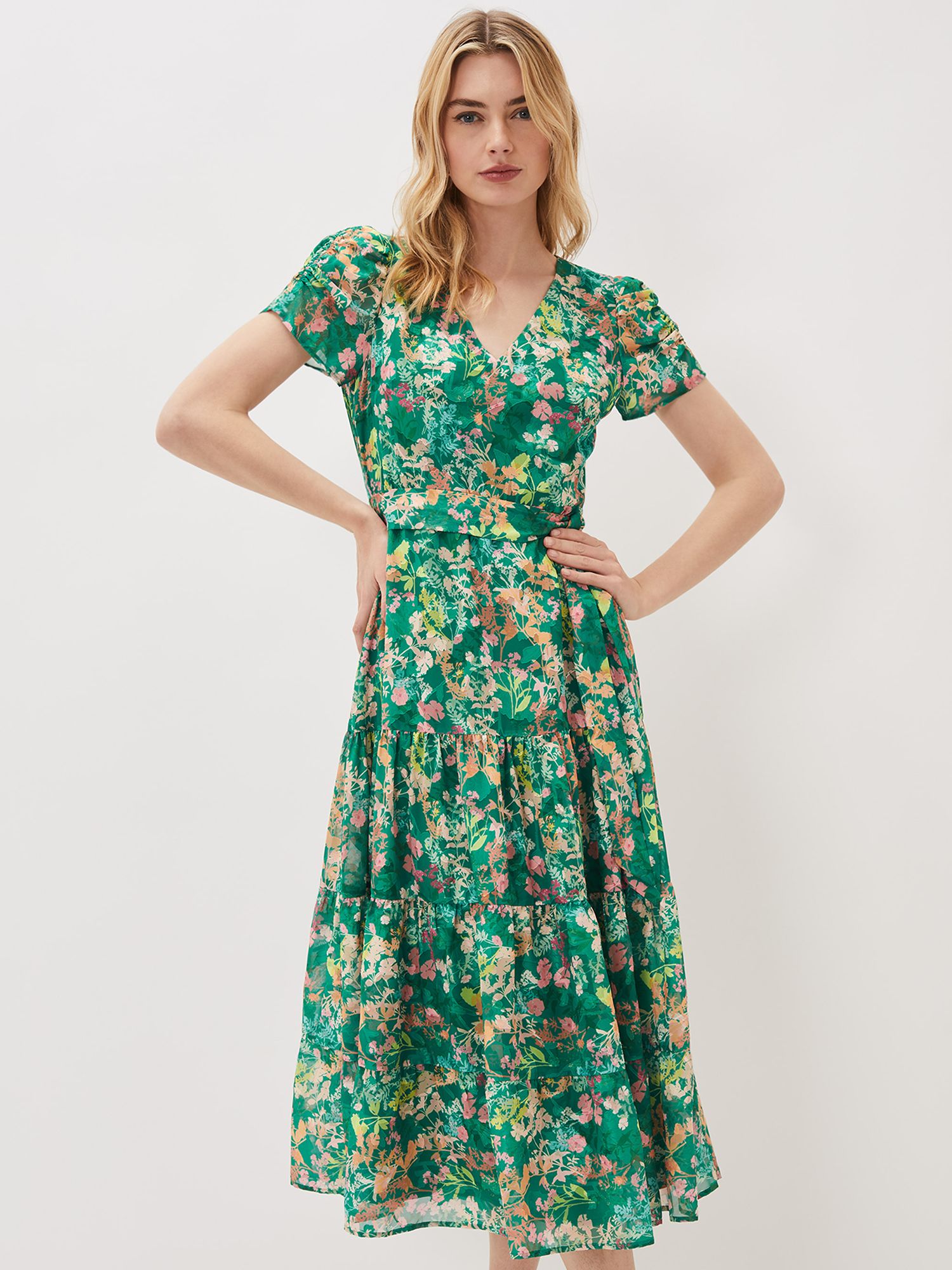 Phase Eight Morven Floral Tiered Midi Dress, Green/Multi at John Lewis ...