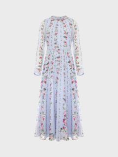 Hobbs Rosabelle Linear Floral Print Silk Dress, Blue/Multi, 6