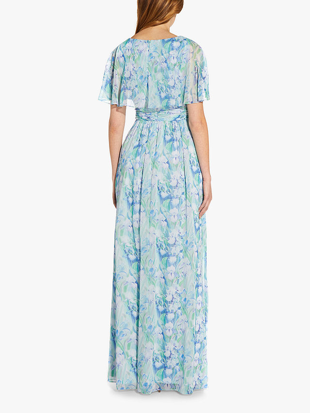 Adrianna Papell Floral Chiffon Capelet Maxi Dress, Blue/Multi, 6