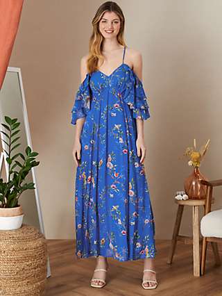Monsoon Berrie Floral Print Cold Shoulder Midi Dress, Blue/Multi